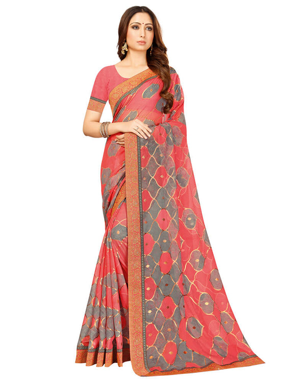 Vishal Prints Coral Pink Brasso Saree With Foil Print And Jari Border