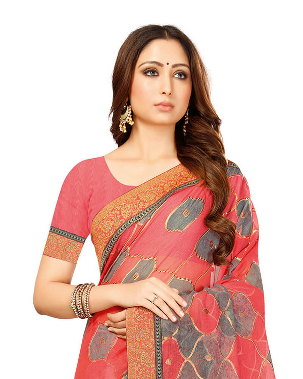 Vishal Prints Coral Pink Brasso Saree With Foil Print And Jari Border
