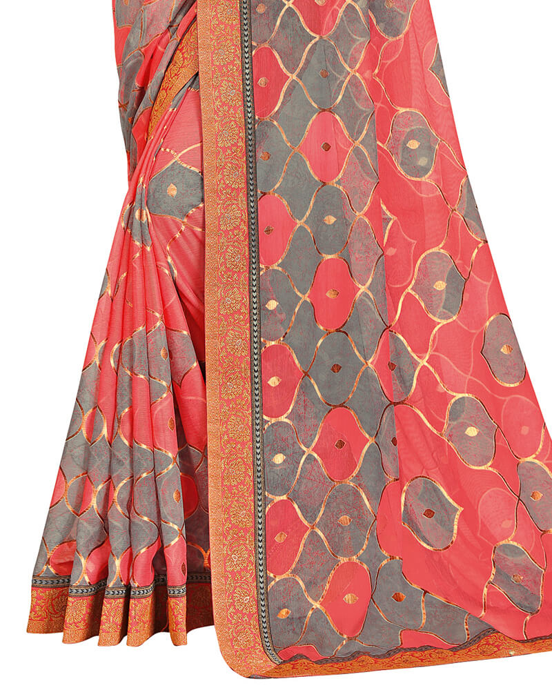 Vishal Prints Coral Pink Brasso Saree With Foil Print And Jari Border