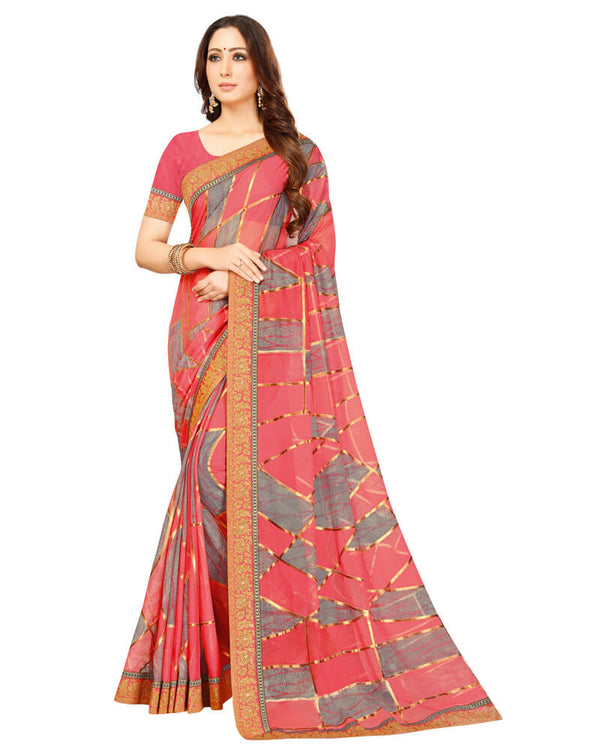 Vishal Prints Coral Pink Brasso Saree With Foil Print And Jari Border