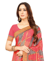 Vishal Prints Coral Pink Brasso Saree With Foil Print And Jari Border