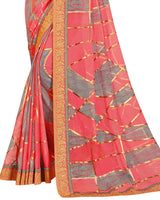 Vishal Prints Coral Pink Brasso Saree With Foil Print And Jari Border