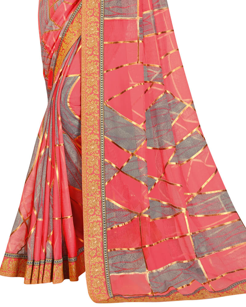 Vishal Prints Coral Pink Brasso Saree With Foil Print And Jari Border