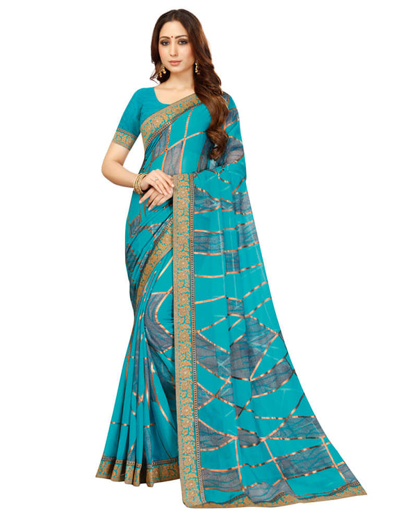 Vishal Prints Dark Turquoise Blue Brasso Saree With Foil Print And Jari Border