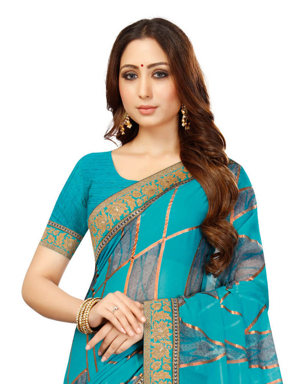 Vishal Prints Dark Turquoise Blue Brasso Saree With Foil Print And Jari Border