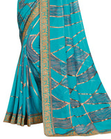 Vishal Prints Dark Turquoise Blue Brasso Saree With Foil Print And Jari Border