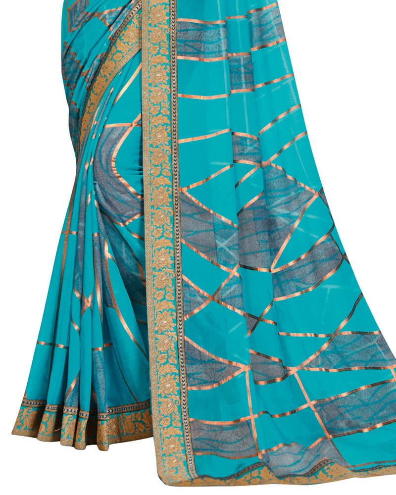 Vishal Prints Dark Turquoise Blue Brasso Saree With Foil Print And Jari Border