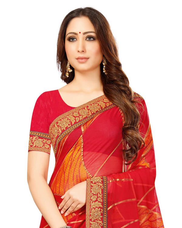 Vishal Prints Red Brasso Saree With Foil Print And Jari Border