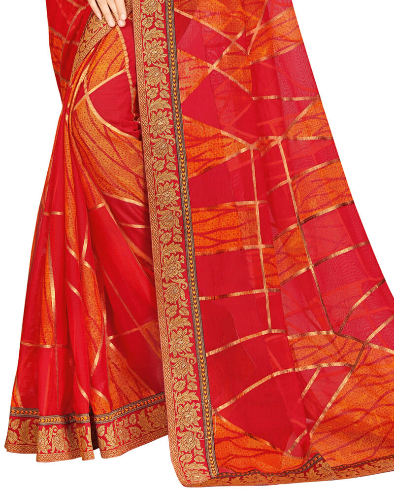 Vishal Prints Red Brasso Saree With Foil Print And Jari Border