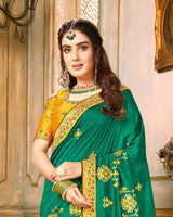 Vishal Prints Green And Mustard Silk Saree With Embroidery Work And Jari Border