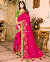 Vishal Prints Rani And Mehandi Green Silk Saree With Embroidery Work And Jari Border