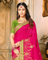 Vishal Prints Rani And Mehandi Green Silk Saree With Embroidery Work And Jari Border