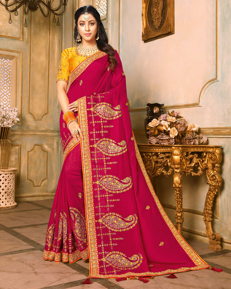 Vishal Prints Rani And Mustard Silk Saree With Embroidery Work And Jari Border