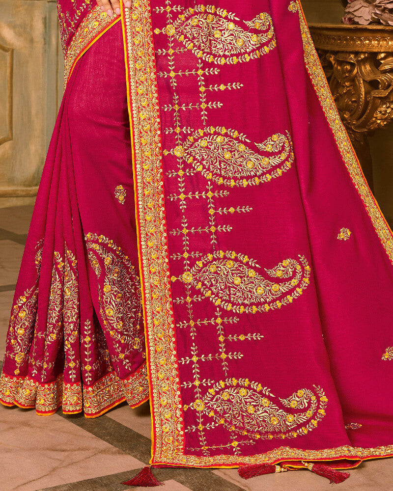 Vishal Prints Rani And Mustard Silk Saree With Embroidery Work And Jari Border