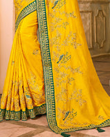 Vishal Prints Yellow And Green Silk Saree With Embroidery Work And Jari Border