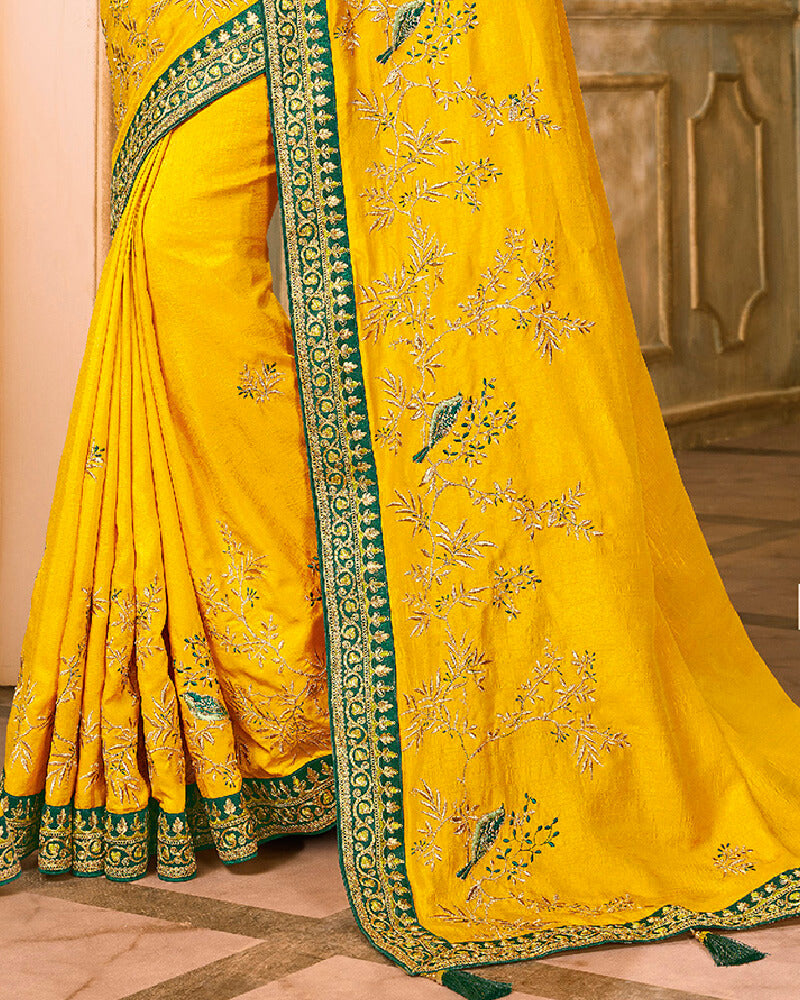 Vishal Prints Yellow And Green Silk Saree With Embroidery Work And Jari Border