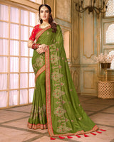Vishal Prints Mehandi Green And Red Silk Saree With Embroidery Work And Jari Border