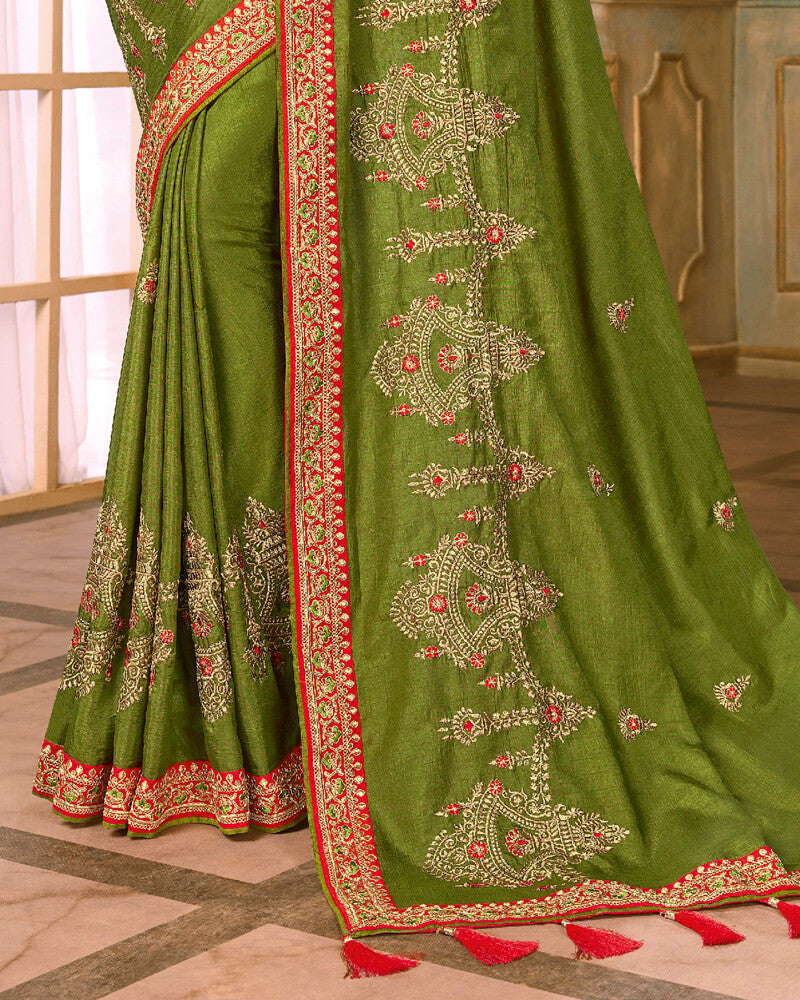 Vishal Prints Mehandi Green And Red Silk Saree With Embroidery Work And Jari Border