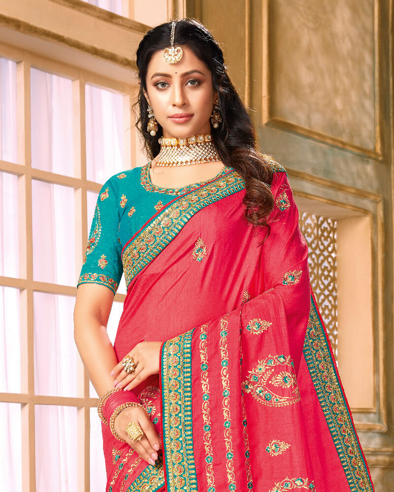 Vishal Prints Rani And Rama Green Silk Saree With Embroidery Work And Jari Border
