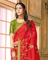 Vishal Prints Red And Mehandi Green Silk Saree With Embroidery Work And Jari Border