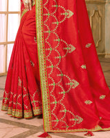 Vishal Prints Red And Mehandi Green Silk Saree With Embroidery Work And Jari Border