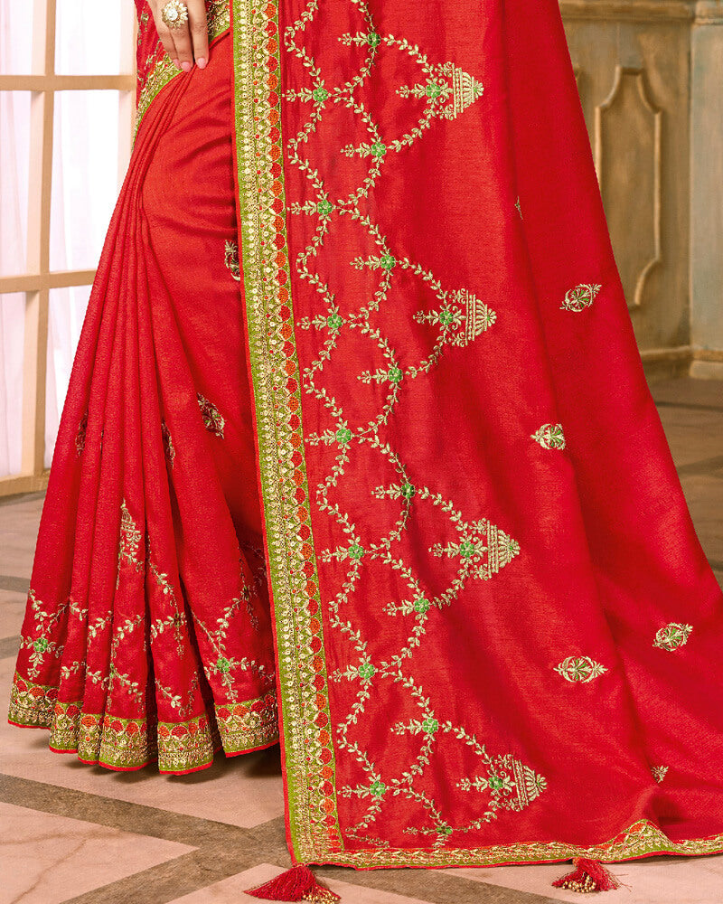 Vishal Prints Red And Mehandi Green Silk Saree With Embroidery Work And Jari Border