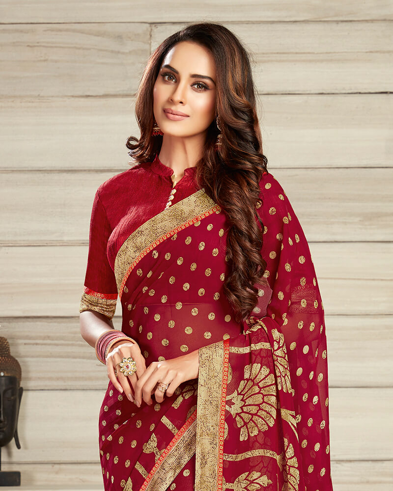 Vishal Prints Maroon And Beige Georgette Saree With Jari Border