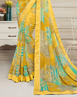 Vishal Prints Yellow And Rama Green Georgette Saree With Jari Border