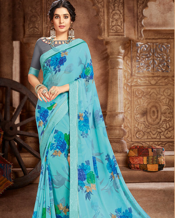 Vishal Prints Blue And Grey Georgette Saree With Satin Border