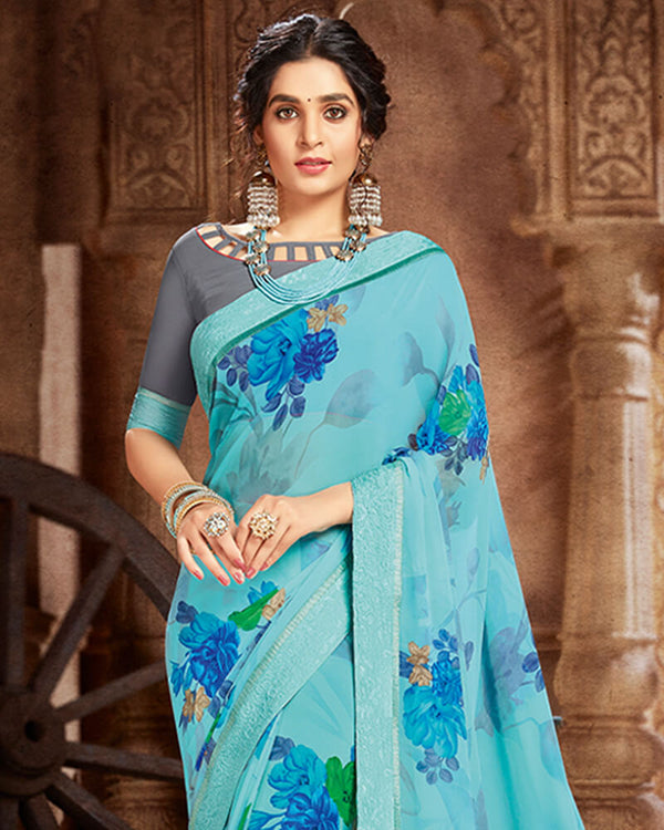 Vishal Prints Blue And Grey Georgette Saree With Satin Border