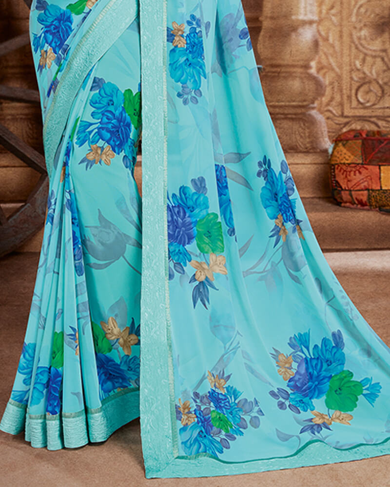 Vishal Prints Blue And Grey Georgette Saree With Satin Border