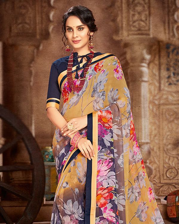 Vishal Prints Mustard And Navy Blue Georgette Saree With Satin Border