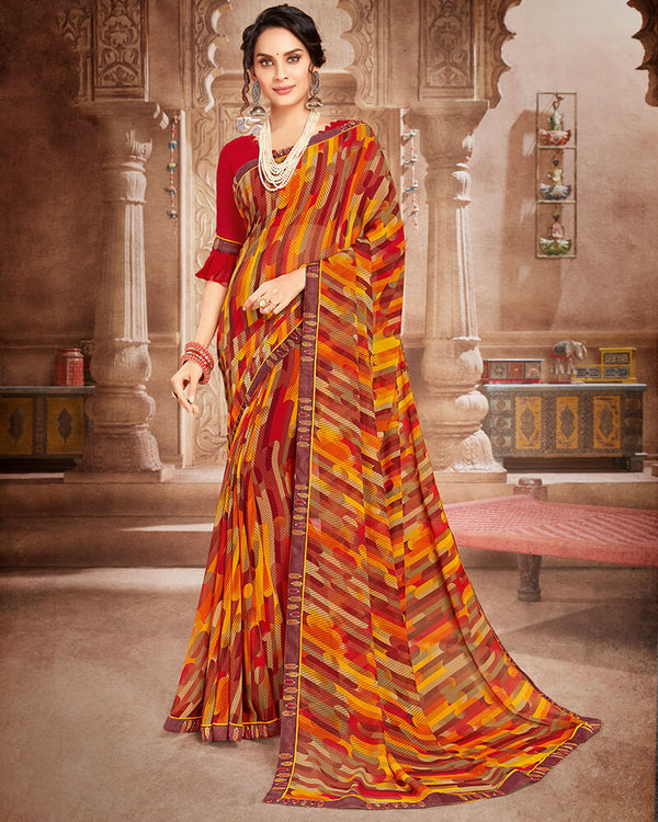 Vishal Prints Rust And Maroon Georgette Saree With Pashmina Border