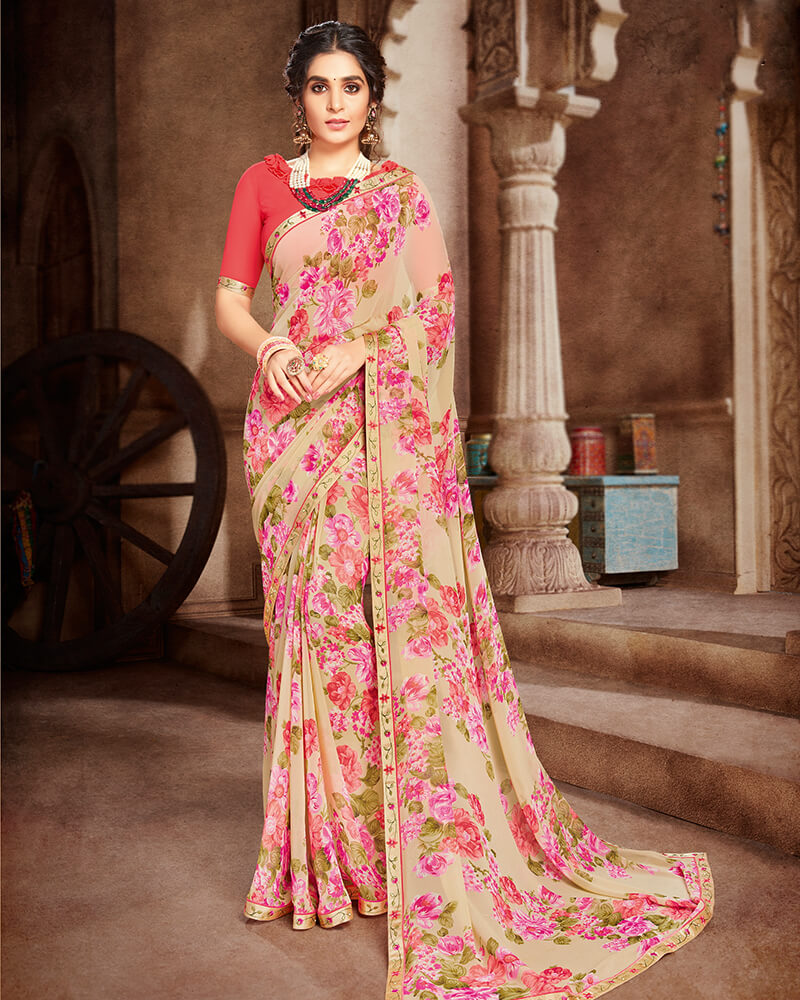 Vishal Prints Beige And Orange Georgette Saree With Satin Border