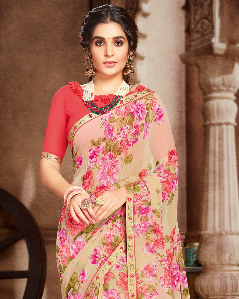 Vishal Prints Beige And Orange Georgette Saree With Satin Border