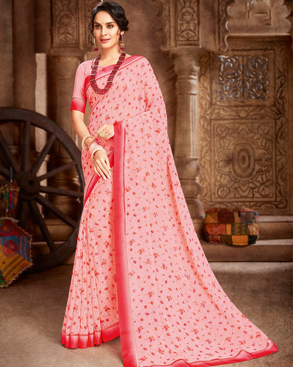 Vishal Prints Pink And Red Georgette Saree With Satin Border
