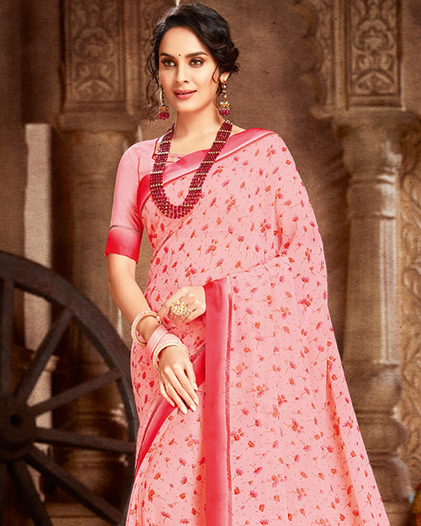 Vishal Prints Pink And Red Georgette Saree With Satin Border