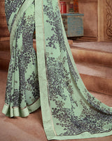 Vishal Prints Sea Green And Grey Georgette Saree With Satin Border