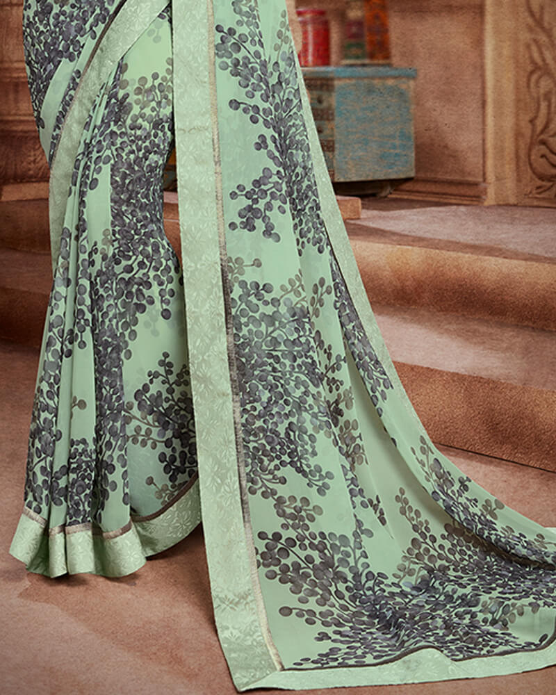 Vishal Prints Sea Green And Grey Georgette Saree With Satin Border