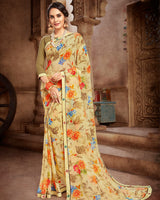 Vishal Prints Lemon Yellow And Brown Georgette Saree With Satin Border