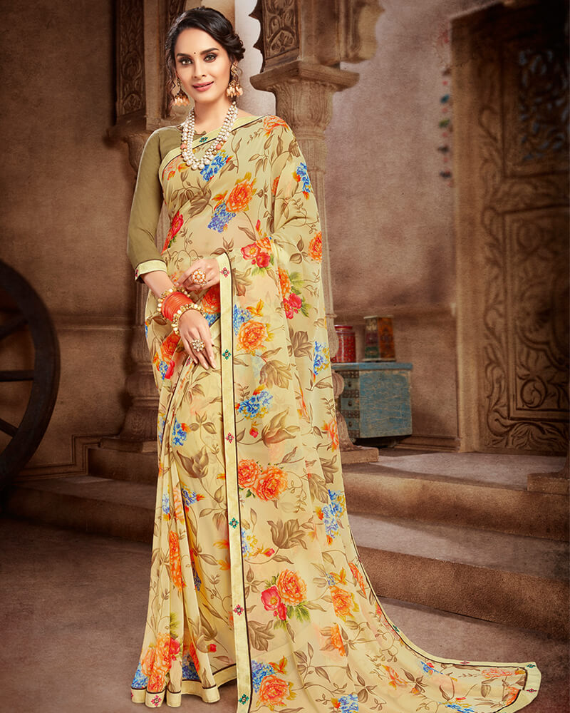 Vishal Prints Lemon Yellow And Brown Georgette Saree With Satin Border
