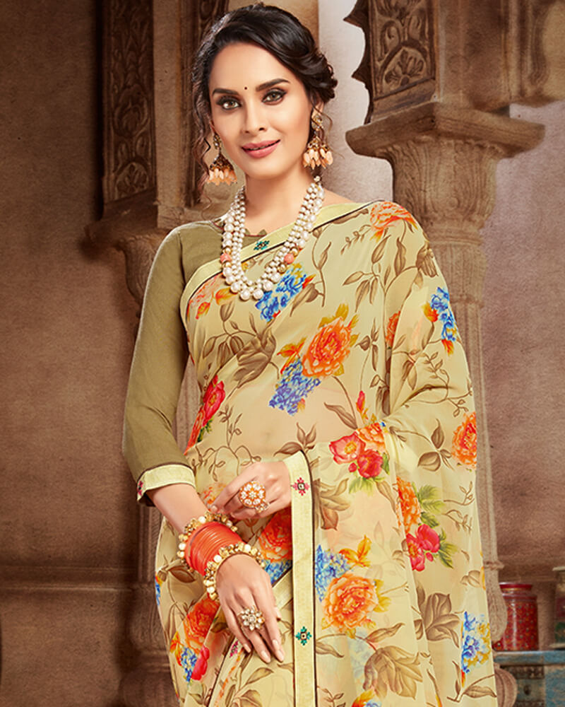 Vishal Prints Lemon Yellow And Brown Georgette Saree With Satin Border