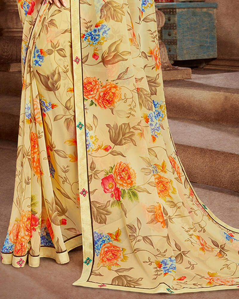 Vishal Prints Lemon Yellow And Brown Georgette Saree With Satin Border
