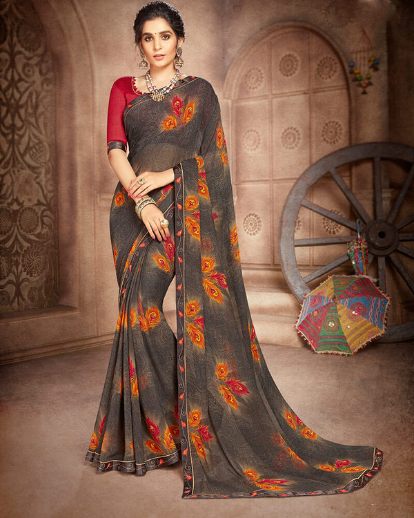 Vishal Prints Dark Grey And Rust Georgette Saree With Satin Border