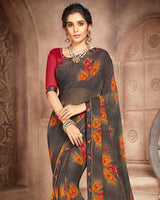 Vishal Prints Dark Grey And Rust Georgette Saree With Satin Border