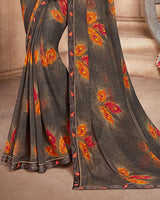 Vishal Prints Dark Grey And Rust Georgette Saree With Satin Border