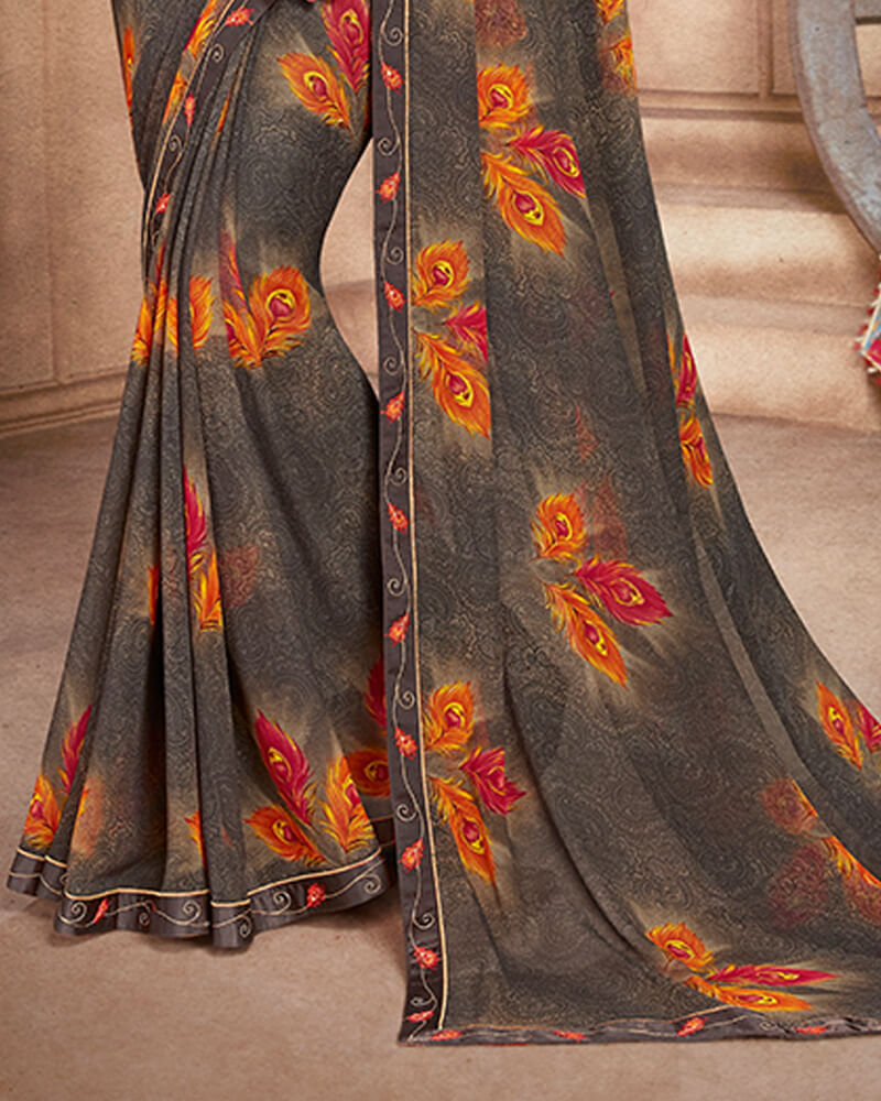Vishal Prints Dark Grey And Rust Georgette Saree With Satin Border