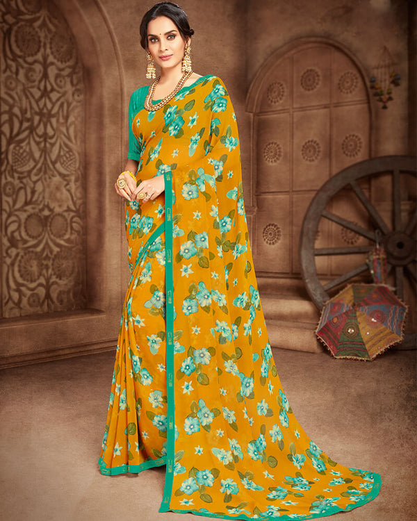 Vishal Prints Mustard And Rama Green Georgette Saree With Satin Border