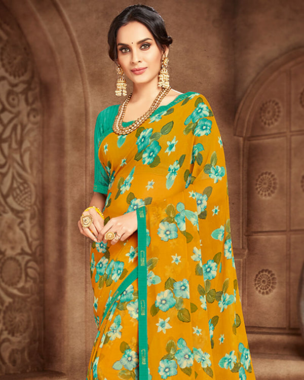 Vishal Prints Mustard And Rama Green Georgette Saree With Satin Border
