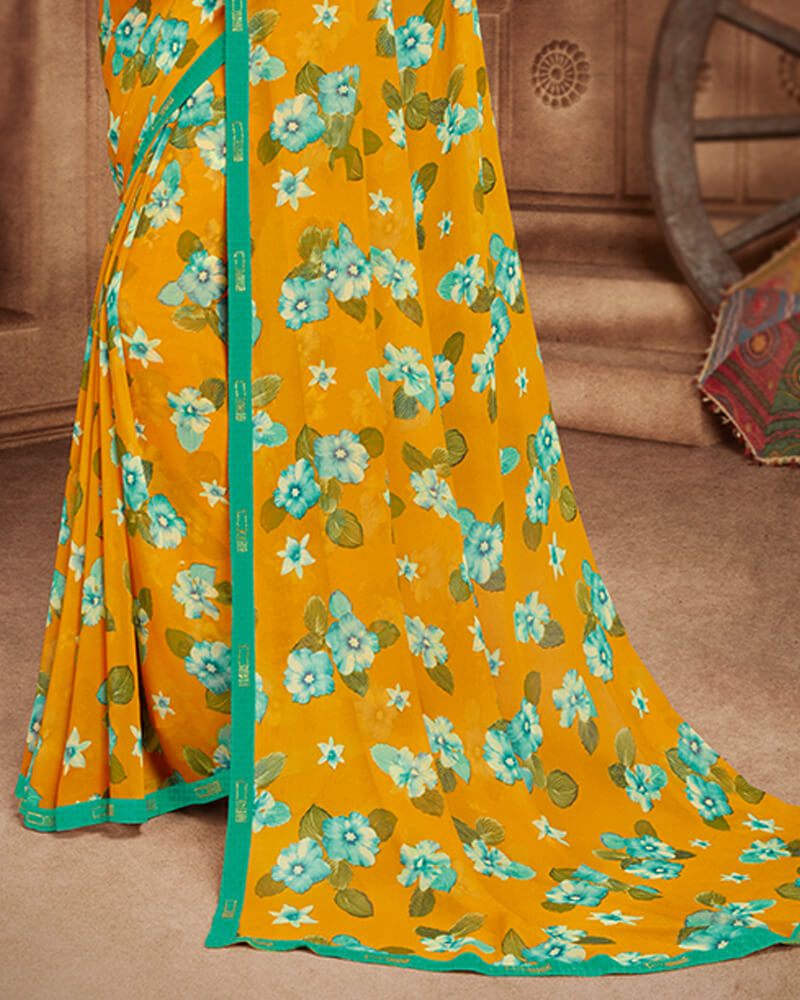 Vishal Prints Mustard And Rama Green Georgette Saree With Satin Border